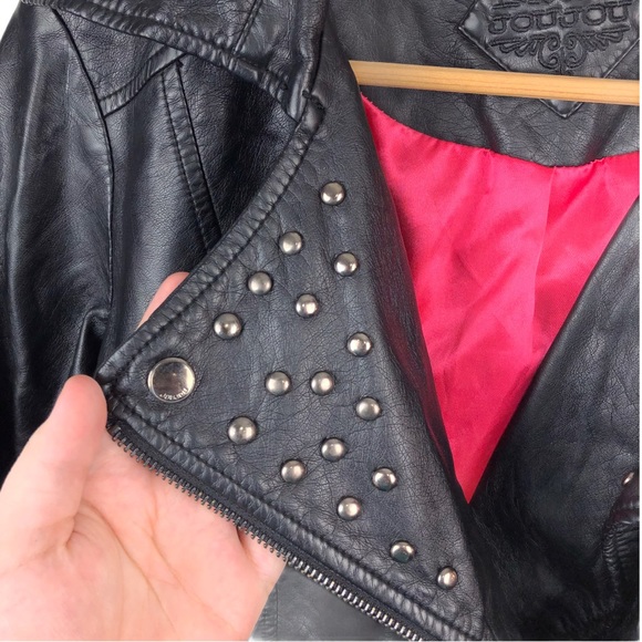 Jou Jou Faux Leather Studded Black Moto Asymmetric Zip Up Biker Jacket S - Picture 6 of 14